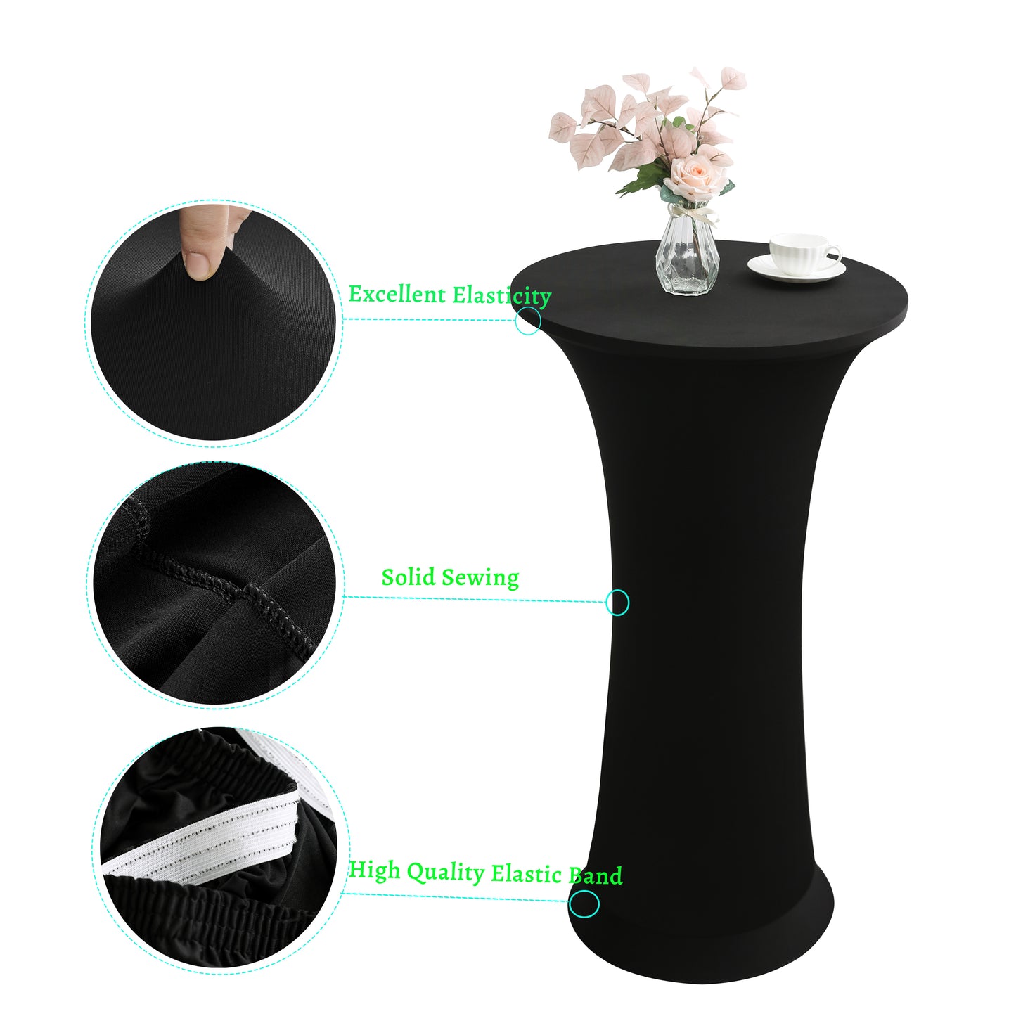 iEventStar 2 Pcs 24"x43" Fitted Stretch Cocktail Table Cover Xmas Red Highboy High Top Round Bottom Cocktail Tablecloth for Party Pub Banquet Bistro Black