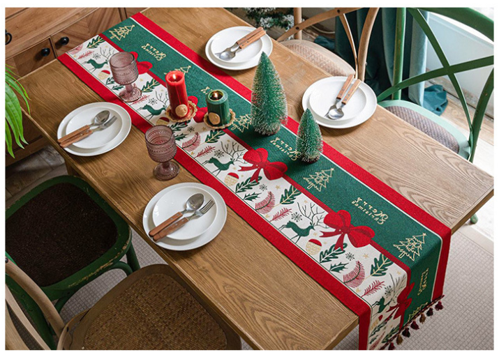 iEventStar Christmas Table Runner Xmas Dining Table Linen Decoration with Tassels Cotton Blend Winter Holiday Decoration 13 x 70 inches