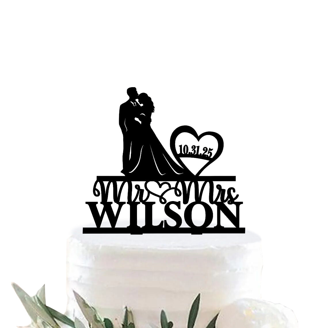 iEventStar Personalized Bride and Groom Silhouette Wedding Cake Topper with Heart Mr & Mrs Silhouette Cake Topper Custom Wedding Cake Decorations