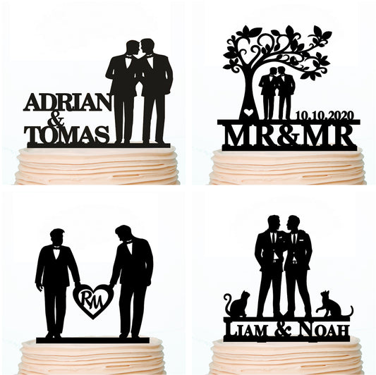 iEventStar Gay Wedding Cake Topper Personalized Gay Wedding Toppers Mr and Mr Cake Topper Tree Two Grooms Topper Gay Couple Silhouettes Custom