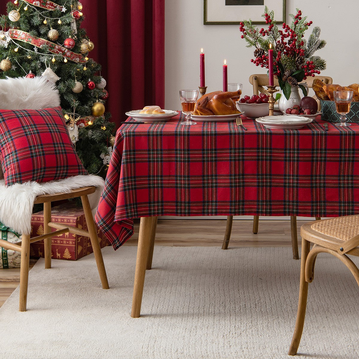 iEventStar Christmas Tablecloth Table Cloths Red Plaid Checkered Green Xmas Winter Holiday Dining Table Decoration