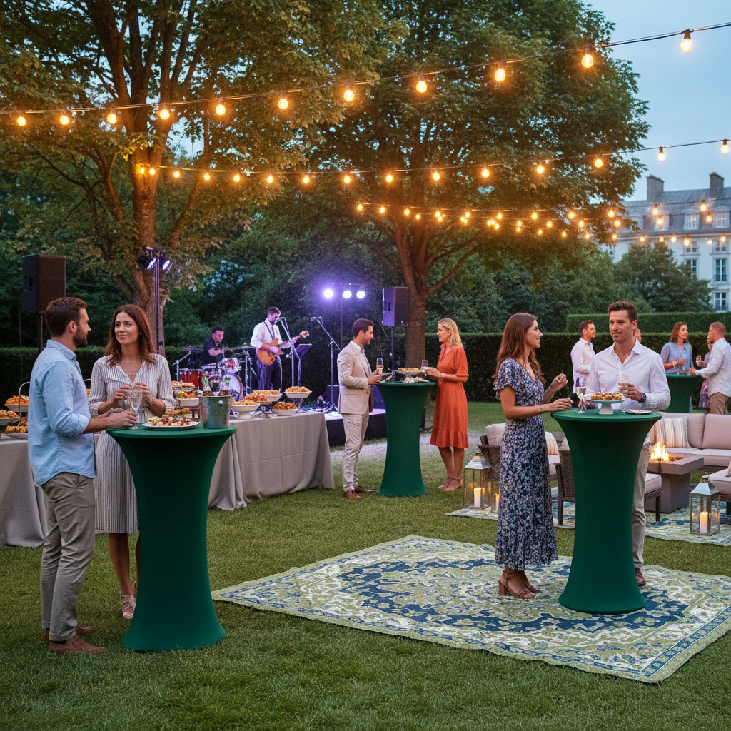 iEventStar 2 Pcs 24"x43" Fitted Stretch Cocktail Table Cover Xmas Red Highboy High Top Round Bottom Cocktail Tablecloth for Party Pub Banquet Bistro Black