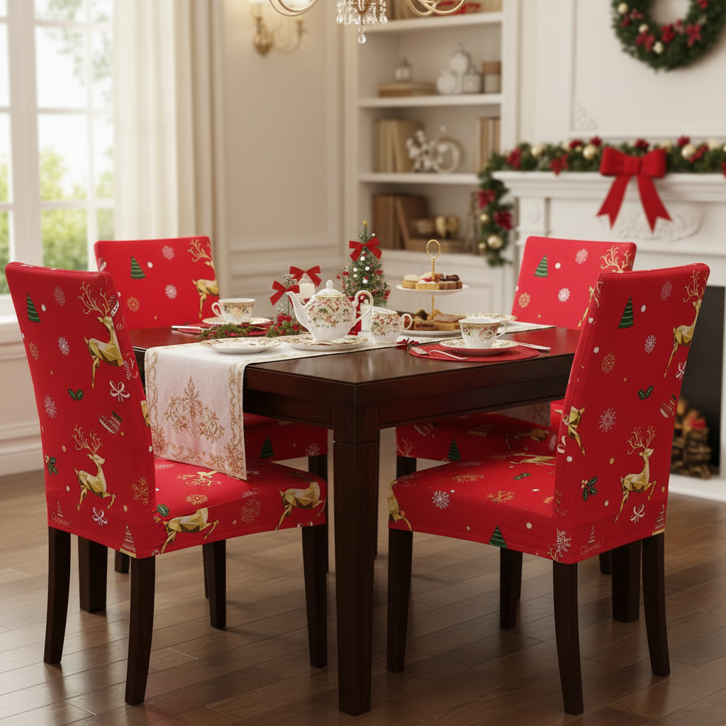 iEventStar 4 Pcs Christmas Xmas Spandex Stretch Washable Dining Room Chair Cover Protector Seat Slipcovers