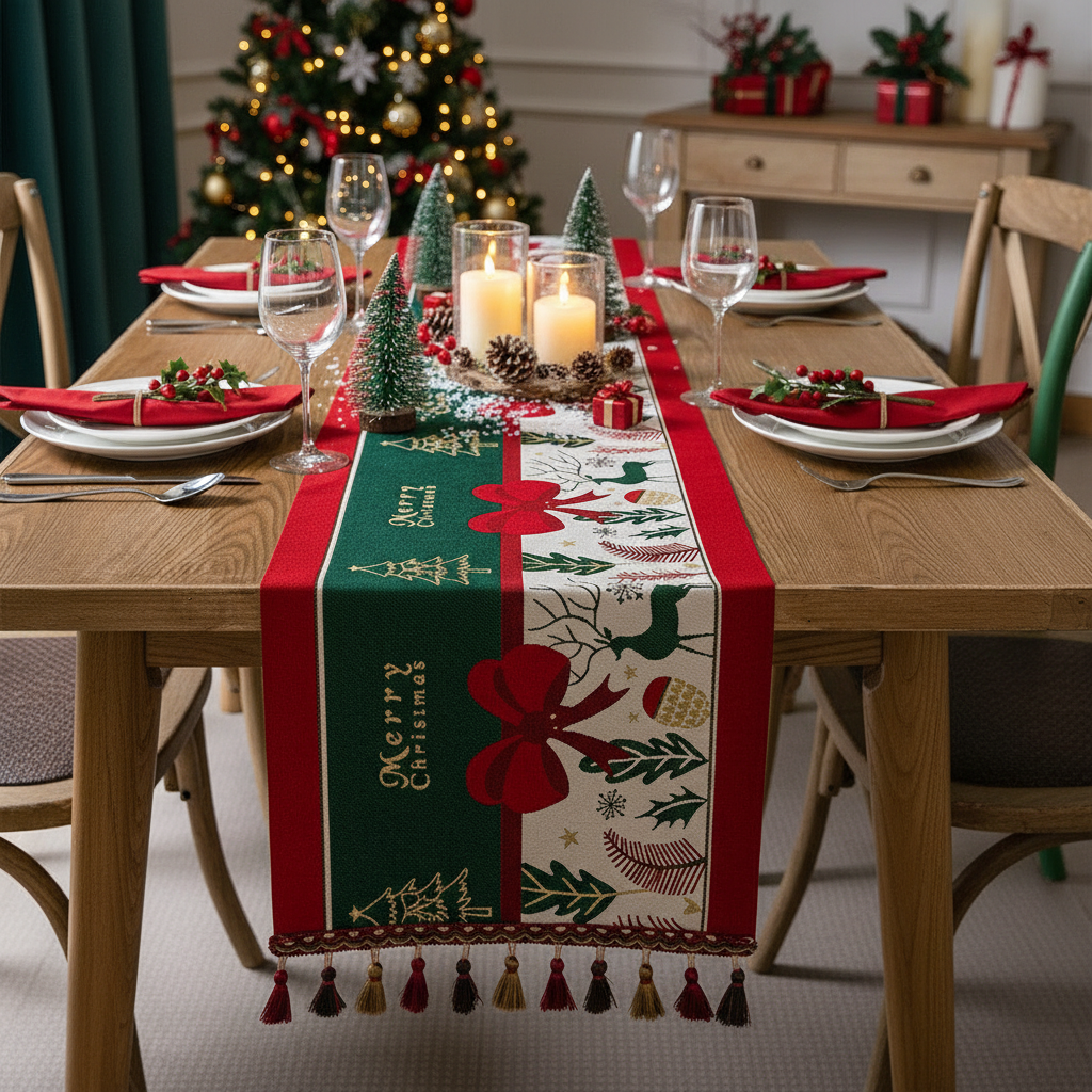 iEventStar Christmas Table Runner Xmas Dining Table Linen Decoration with Tassels Cotton Blend Winter Holiday Decoration 13 x 70 inches