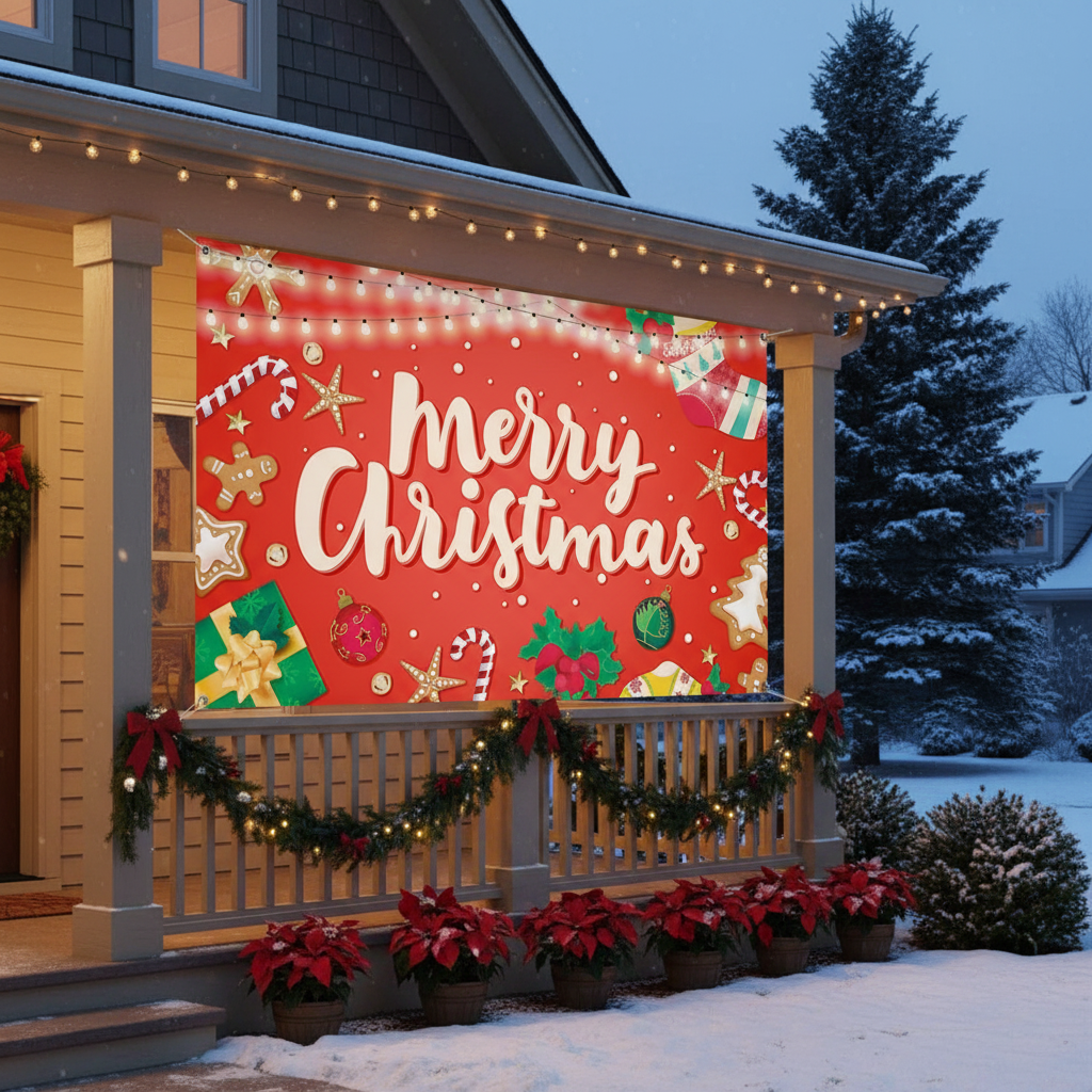 iEventStar Large Merry Christmas Banner Decorations Flag Outdoor Party Supplies Yard Banner Background Red Xmas 72 x 44 Inches