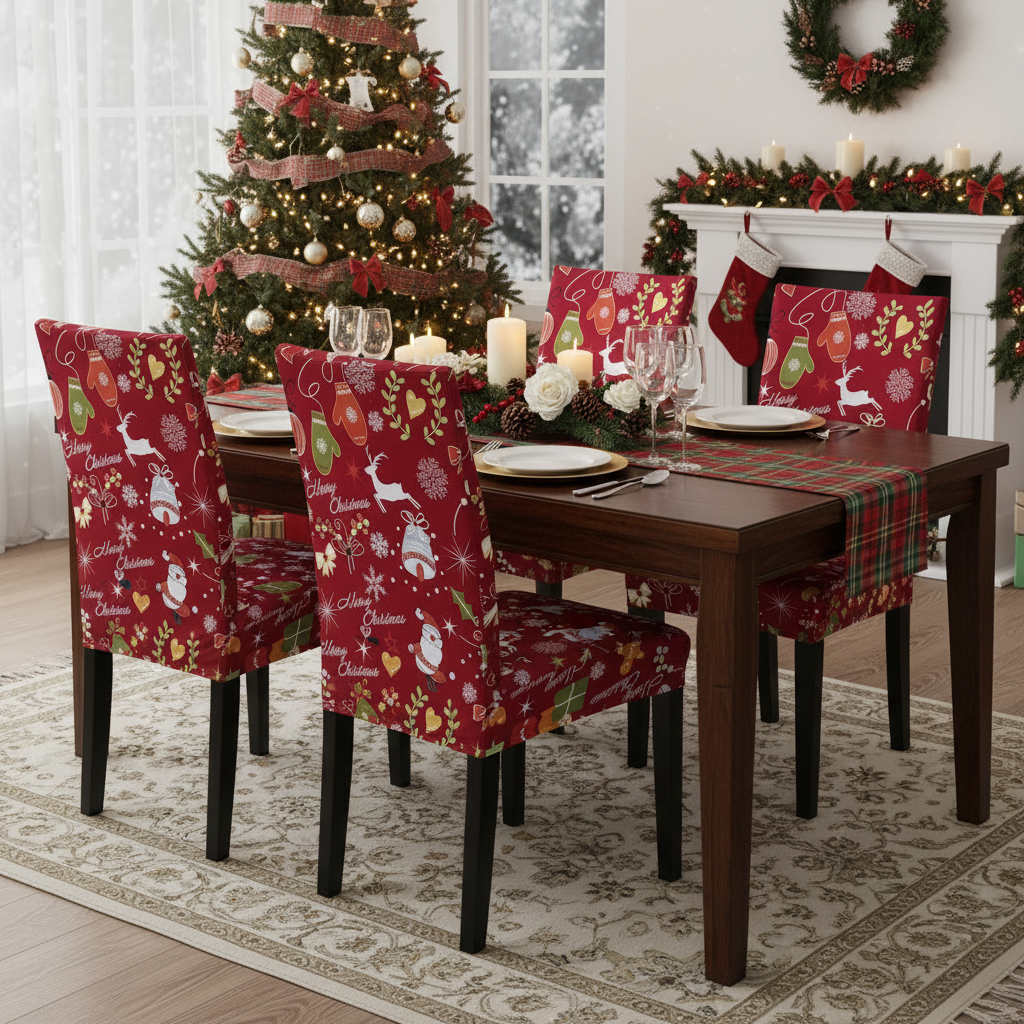 iEventStar 4 Pcs Christmas Xmas Spandex Stretch Washable Dining Room Chair Cover Protector Seat Slipcovers