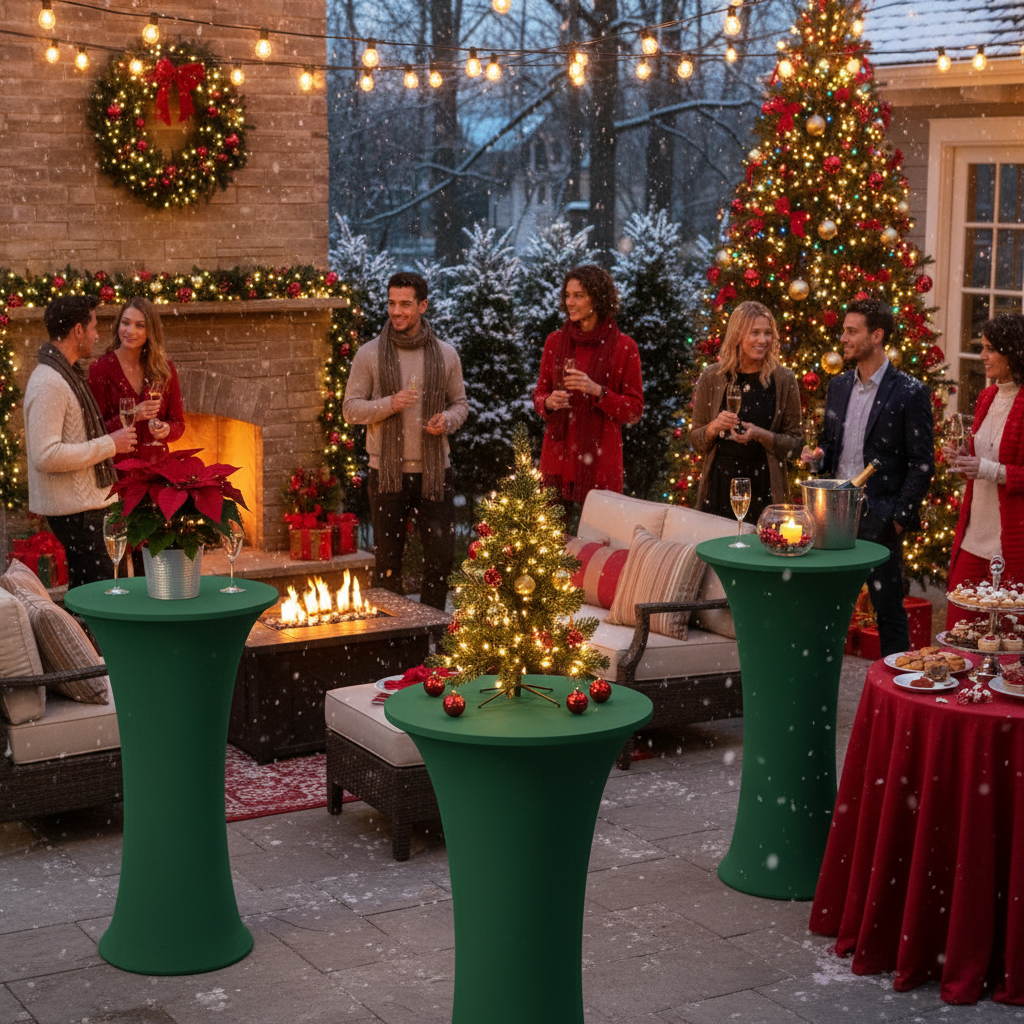 iEventStar 2 Pcs 24"x43" Fitted Stretch Cocktail Table Cover Xmas Red Highboy High Top Round Bottom Cocktail Tablecloth for Party Pub Banquet Bistro Black