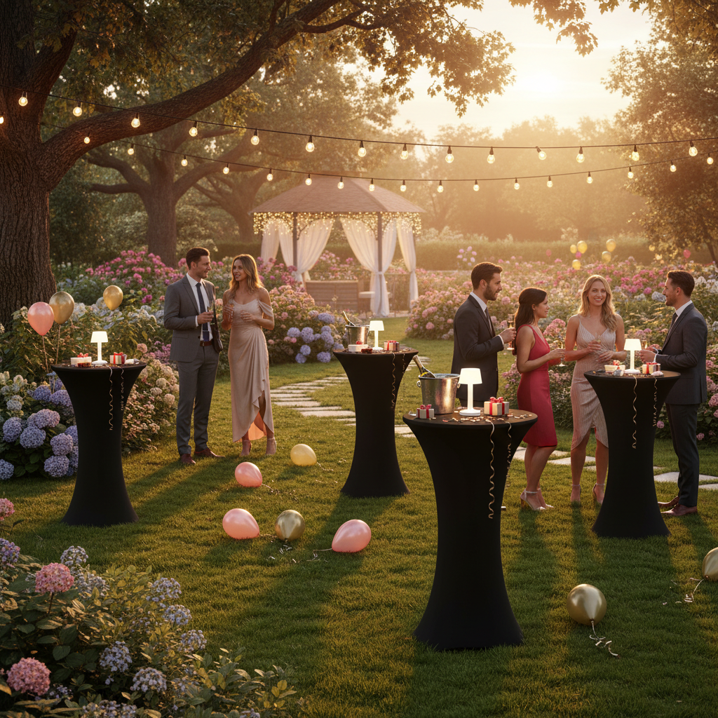 iEventStar 2 Pcs 24"x43" Fitted Stretch Cocktail Table Cover Xmas Red Highboy High Top Round Bottom Cocktail Tablecloth for Party Pub Banquet Bistro Black