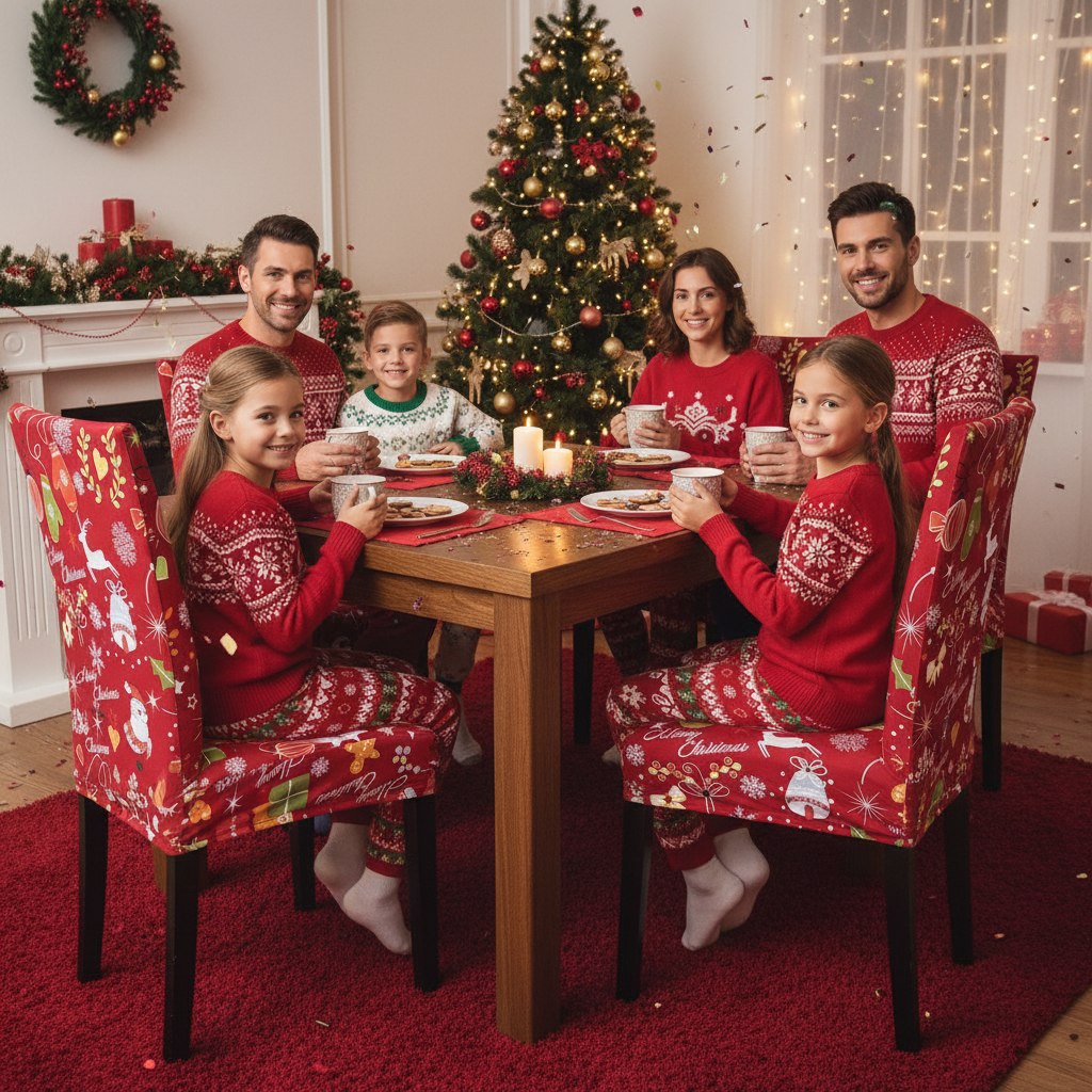 iEventStar 4 Pcs Christmas Xmas Spandex Stretch Washable Dining Room Chair Cover Protector Seat Slipcovers