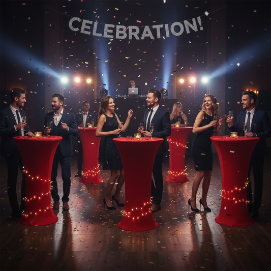 iEventStar 2 Pcs 24"x43" Fitted Stretch Cocktail Table Cover Xmas Red Highboy High Top Round Bottom Cocktail Tablecloth for Party Pub Banquet Bistro Black