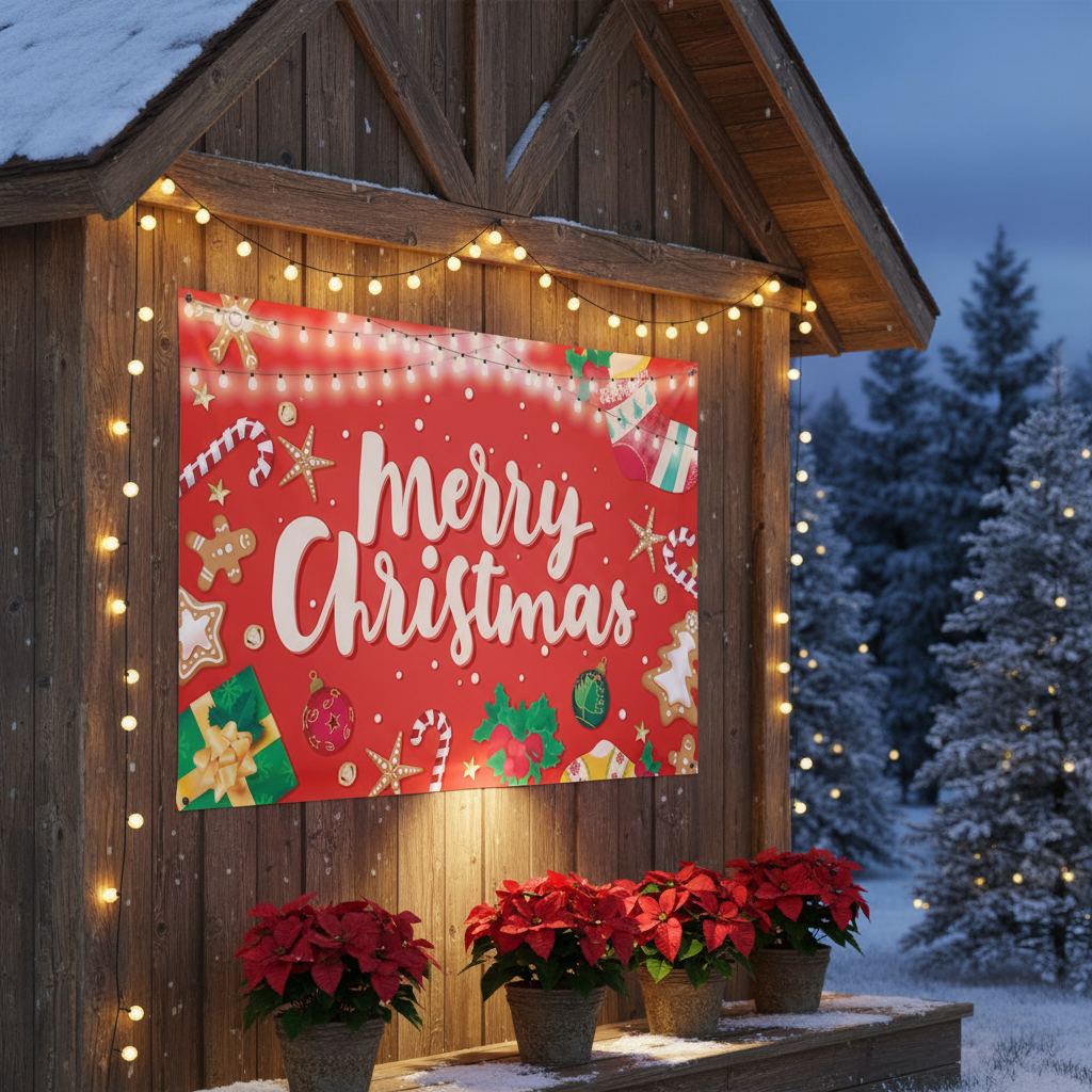 iEventStar Large Merry Christmas Banner Decorations Flag Outdoor Party Supplies Yard Banner Background Red Xmas 72 x 44 Inches