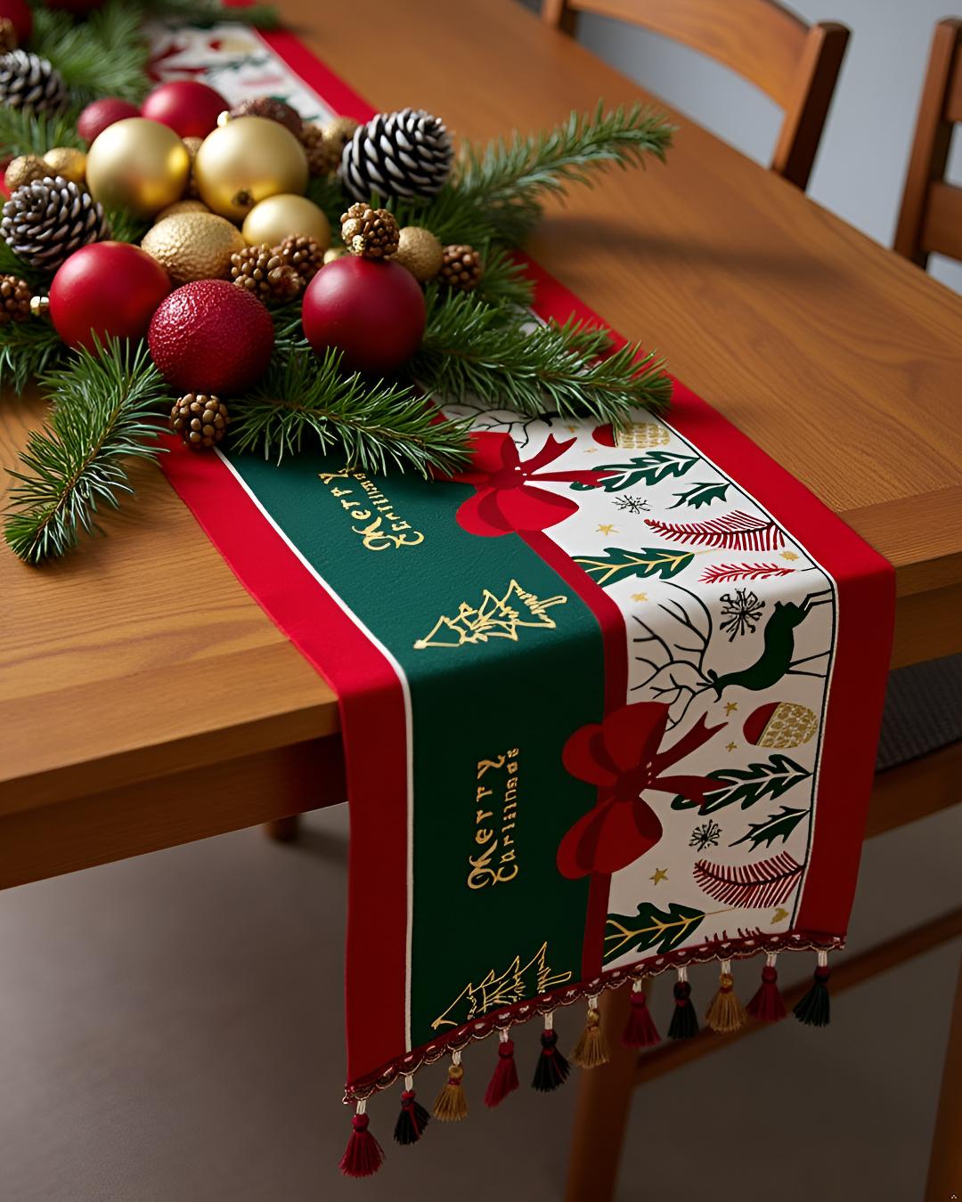 iEventStar Christmas Table Runner Xmas Dining Table Linen Decoration with Tassels Cotton Blend Winter Holiday Decoration 13 x 70 inches