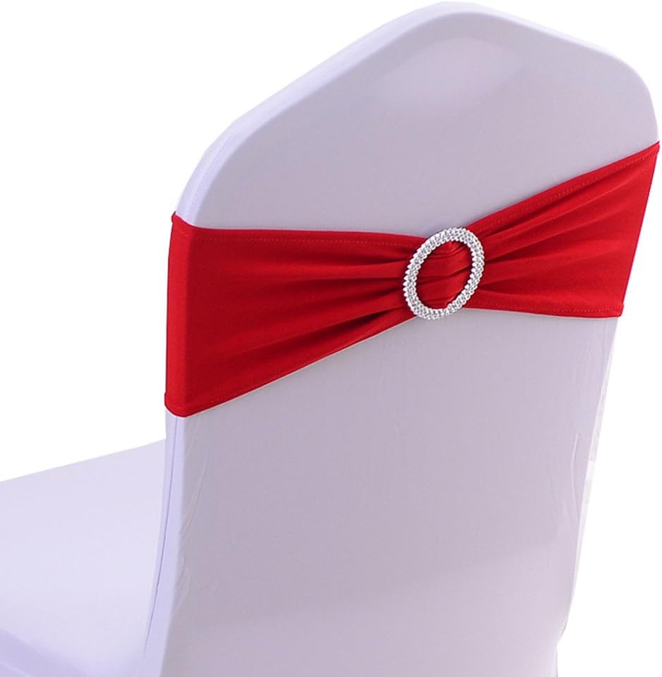 iEventStar 10PCS Red Chair Sashes Chair Bow Chair Decoration Spandex Stretch Band with Buckle Slider for Wedding Party Events